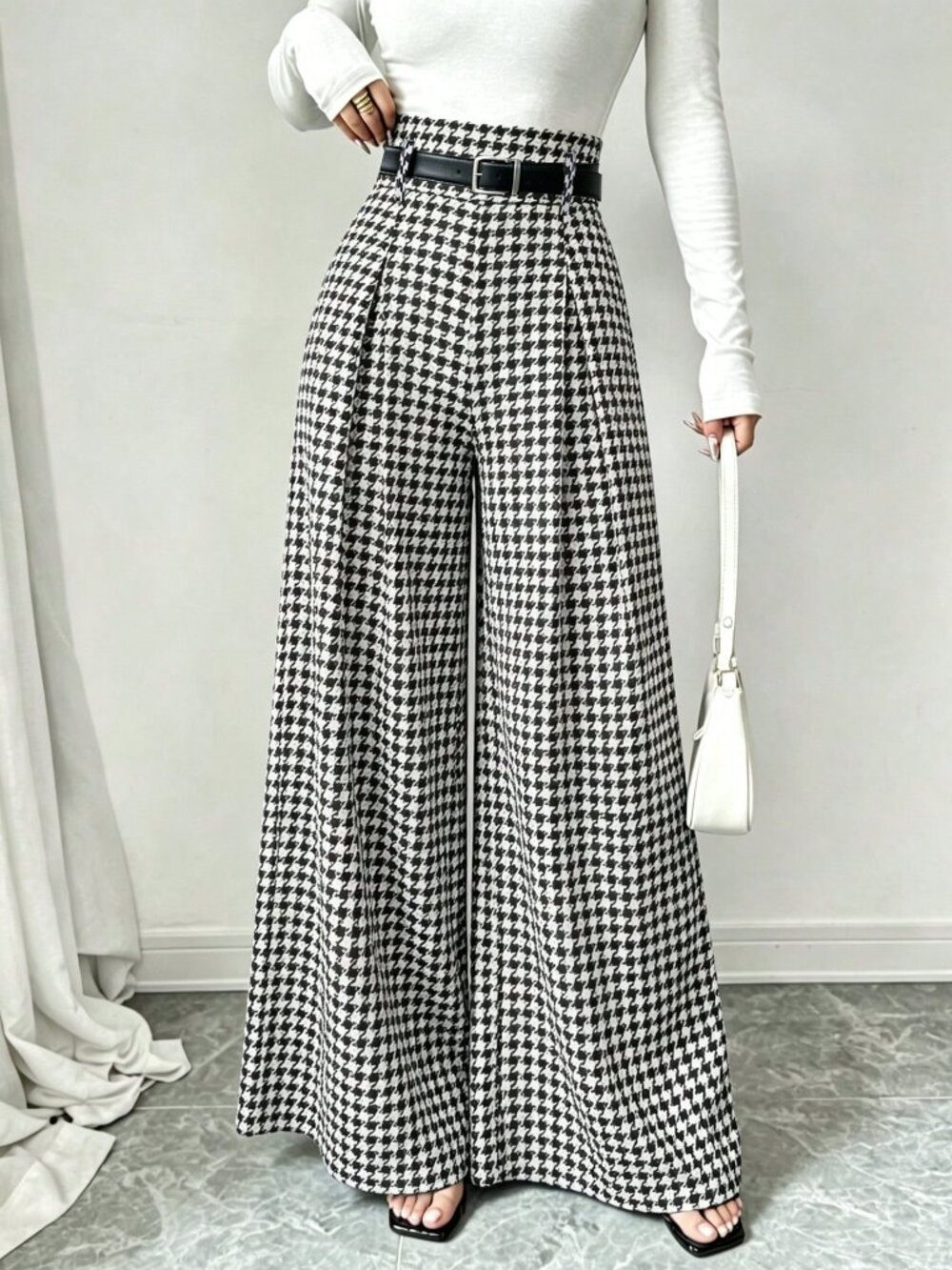 Black And White Casual Women's Houndstooth Mid-Waist Wide Leg Trousers